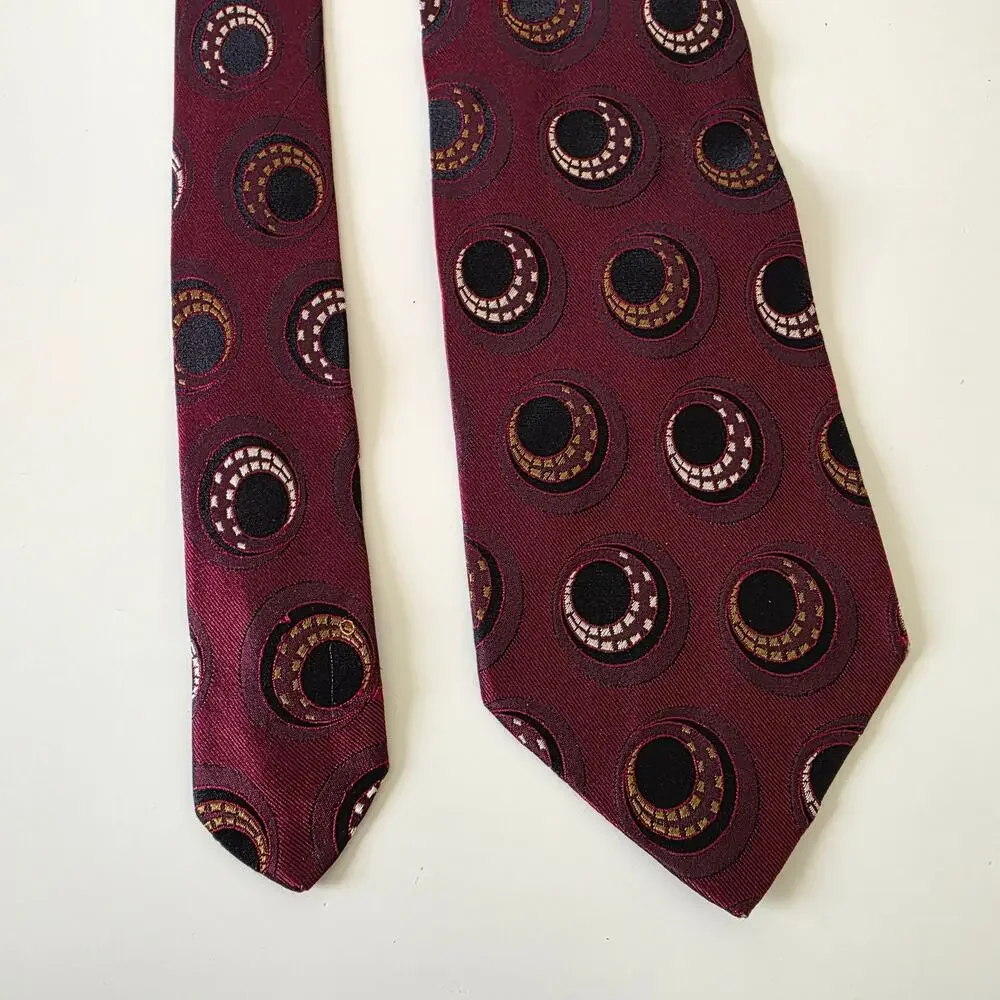 Hugo Boss Silk Tie Burgundy Geometric Circle Pattern Italy Designer Neck Tie